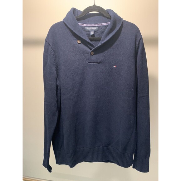 Tommy Hilfiger Men‎ Jumper Knit Casual Navy Blue Shawl Neck Heavy Cotton size XL - Picture 1 of 6